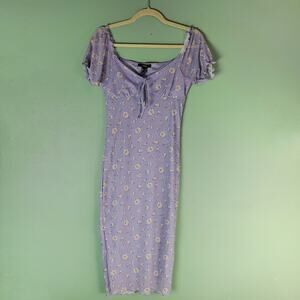 Forever 21 Womens Purple Floral Print Coquette Puff Sleeve Midi Dress Size Small